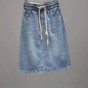 Korean Lady Large Size 5XL Denim Maxi Skirt Spring Summer Women Lace Up Jeans Long Skirts Femme In Half Body Cowboy A-line Skirt - Image 6