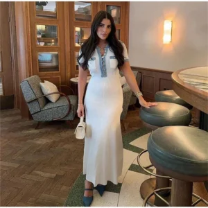 Elegant Contrasting Women Knit Maxi Dress Chic O-neck Short Sleeve Metal Buttons Bodycon Dresses Office Lady Commuting Robe - Image 3