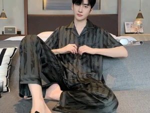 Plus Size Men Black Striped Short-Sleeve Long Pants Thin Pajama Set Cardigan Homewear Nightwear Youth Student Simple Sleepwear