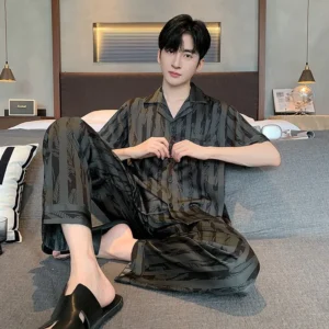 Plus Size Men Black Striped Short-Sleeve Long Pants Thin Pajama Set Cardigan Homewear Nightwear Youth Student Simple Sleepwear