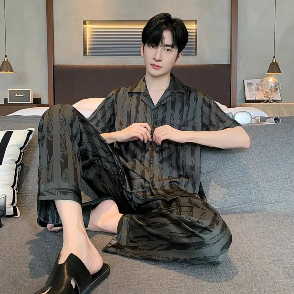 Plus Size Men Black Striped Short-Sleeve Long Pants Thin Pajama Set Cardigan Homewear Nightwear Youth Student Simple Sleepwear