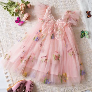 Summer Girls' Princess Party Birthday Dress Sweet Baby Girls Dress Back Bow Wings Fairy Strap Embroidered Butterfly Mesh Dress - Image 4