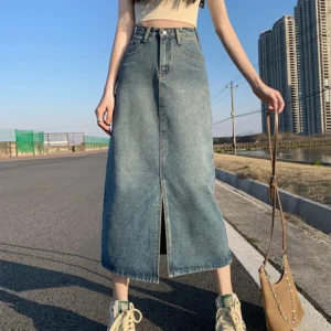 Summer New High-waist Slit Denim Skirt For Women Washed Retro A- line Skirt Hip-covering Straight Long Skirt - Image 3