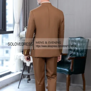 2 Piece Stand Collar Double-Breasted Chinese Style Men's Suits With 3 Real Pocket Wedding SuitsTailored Fit (Blazer+Pants) - Image 3