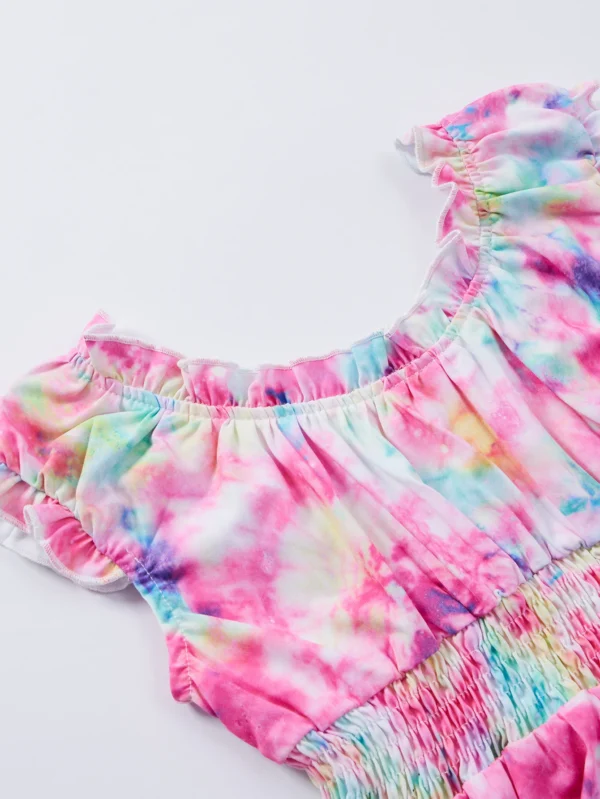Girls tie-dye printed dress-rinked short sleeves and elastic waist design - Image 3