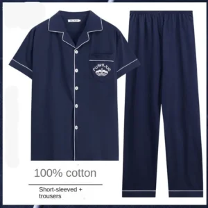 100% Cotton Button up Top and Pants Men's Plus Size Pajamas Loungewear Casual Simple Fashion Youth Sleepwear Homewear 2PCS Set - Image 7