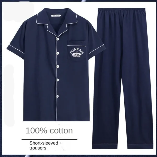 100% Cotton Button up Top and Pants Men's Plus Size Pajamas Loungewear Casual Simple Fashion Youth Sleepwear Homewear 2PCS Set - Image 7