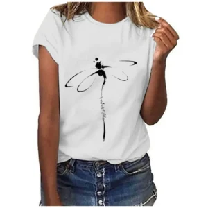 Explosive Tops Dragonfly Printed Original Collar Casual Base Shirt Short-sleeved Women's T-shirt Oversized T Shirt Clothes Tees - Image 3