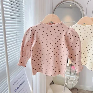 Adorable Trendy Girls Long Sleeve Shirts with Half High Collar Puff Sleeves Ideal for Playtime and School Days in Spring Autumn - Image 3