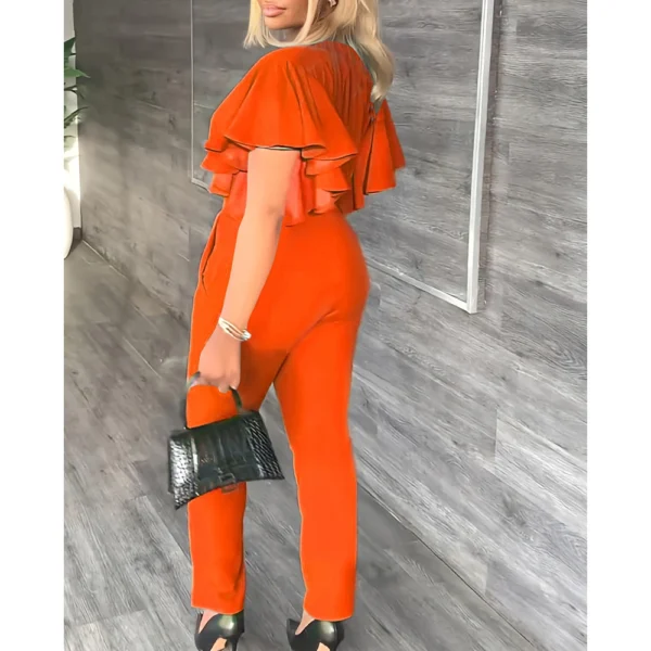 Pant Sets Women Two Piece Sweet Sets Ruffles Short Sleeve V Neck Crop Top High Waist Slim Long Pants Suits Casual Solid Outfits - Image 6