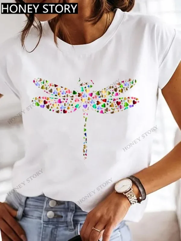 Explosive Dragonfly Butterfly Print Base Top Loose Women's Short-sleeved T-shirt Round Neck Oversized T Shirt Women Clothes TEE - Image 6