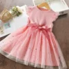 Sweet Girls Summer Clothes Flying Sleeves Bow Sequin Dress 2-6Y Kid Birthday Party Blue Fluffy Tutu Princess Dress for Baby Girl - Image 3