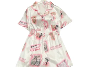 Kawaii Youth Girl's Satin Homewear Short Long Fashion Pyjama Cute Cat Print Summer New Thin Pajamas for Women Silk Home Set