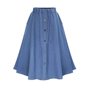 Women's Denim Jean Skirt High Waist Button Pleated Midi Skirt With Elastic Waist Knee Length Summer Dress - Image 3