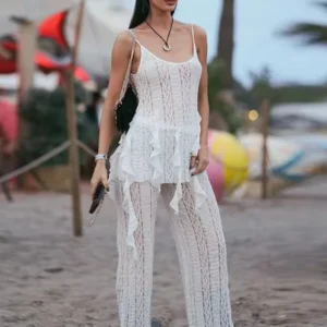 ZBZA Women Hollow Lace Vest Pants Suit Sexy Backless Vacation Top High Waist Straight Wide-leg Pants Spring Summer New Chic Set