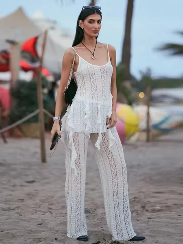 ZBZA Women Hollow Lace Vest Pants Suit Sexy Backless Vacation Top High Waist Straight Wide-leg Pants Spring Summer New Chic Set