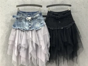 Asymmetrical Denim Jeans Tulle Skirts Womens High Waist Long Mesh Tutu Tassel Pleated Midi Gothic Skirt with Pockets Belt Black