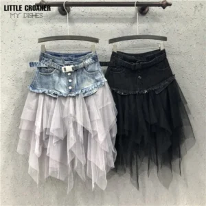 Asymmetrical Denim Jeans Tulle Skirts Womens High Waist Long Mesh Tutu Tassel Pleated Midi Gothic Skirt with Pockets Belt Black