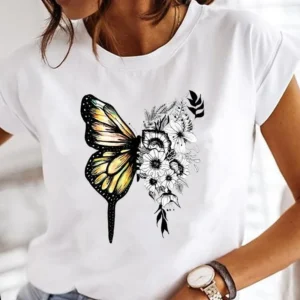 Butterfly T-shirt Watercolor Butterfly Top Tide Round Neck Large Size Retro Short-sleeved T-shirt Women's Fashio Clothing Tee - Image 4
