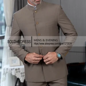 Classic 2 Piece Men's Slim Fit Solid Color Stand Collar Wedding Suit (Blazer+Pants） - Image 4