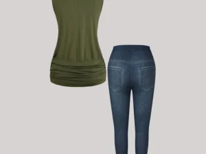 Plus Size Women’s Off-Shoulder Sets Ruched V-Neck Sleeveless Vest Tops Denim Washed Slim Long Jeans Female Casual 2-Piece Sets