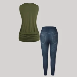 Plus Size Women’s Off-Shoulder Sets Ruched V-Neck Sleeveless Vest Tops Denim Washed Slim Long Jeans Female Casual 2-Piece Sets
