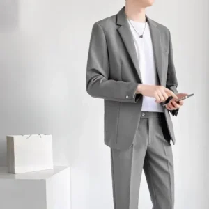 2 Piece Outfit Set Man Grey Blazer Casual Full Suit for Men Korean Spring Autumn Clothing Trends Costumes Luxury Pants Ceremony - Image 5