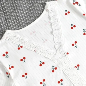 Sexy Pajamas Women V-Neck Lace Cherry Print Short-Sleeved Shorts Striped Fancy Sleepwear 2 Piece Set Home Wear Student Nightwear - Image 7