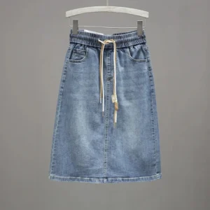 Korean Lady Large Size 5XL Denim Maxi Skirt Spring Summer Women Lace Up Jeans Long Skirts Femme In Half Body Cowboy A-line Skirt - Image 3