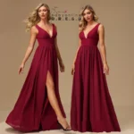 BABYONLINE Classic Bridesmaid Dresses Satin Spandx Simple V Neck High Slit for Wedding Guest Party Backless Long Prom Gown