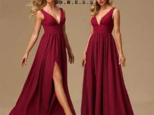 BABYONLINE Classic Bridesmaid Dresses Satin Spandx Simple V Neck High Slit for Wedding Guest Party Backless Long Prom Gown