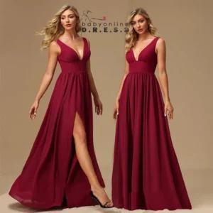 BABYONLINE Classic Bridesmaid Dresses Satin Spandx Simple V Neck High Slit for Wedding Guest Party Backless Long Prom Gown