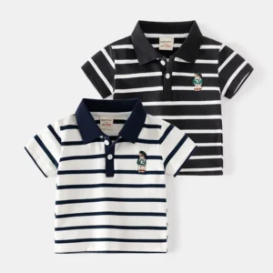 2025 Summer Children Striped Polo Shirt Korean Version Style Boys Short Sleeves T-shirt 2-7Years Kids Embroidery Cotton Top