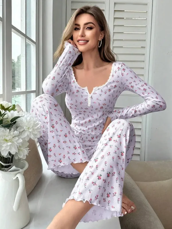 Sleepwear Women Floral Print Lettuce Trim Top with Long Pant Lovely Loungewear Full Sleeve Nightwear Spring Autumn Pajamas Set - Image 6