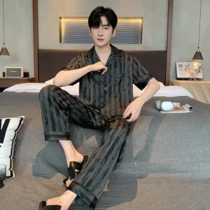 Plus Size Men Black Striped Short-Sleeve Long Pants Thin Pajama Set Cardigan Homewear Nightwear Youth Student Simple Sleepwear - Image 3