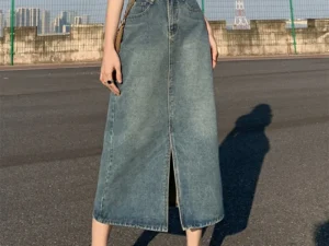 Summer New High-waist Slit Denim Skirt For Women Washed Retro A- line Skirt Hip-covering Straight Long Skirt