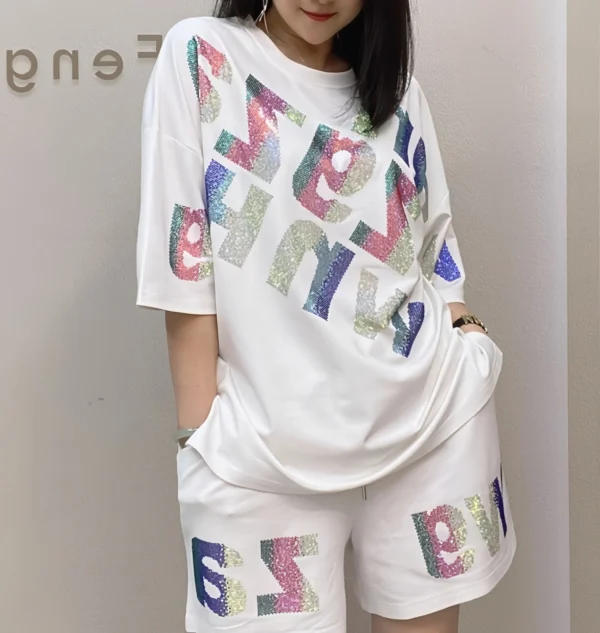 Oversized summer short-sleeved T-shirt and shorts casual set, Rhinestone wide-leg pants two-piece women's set - Image 7