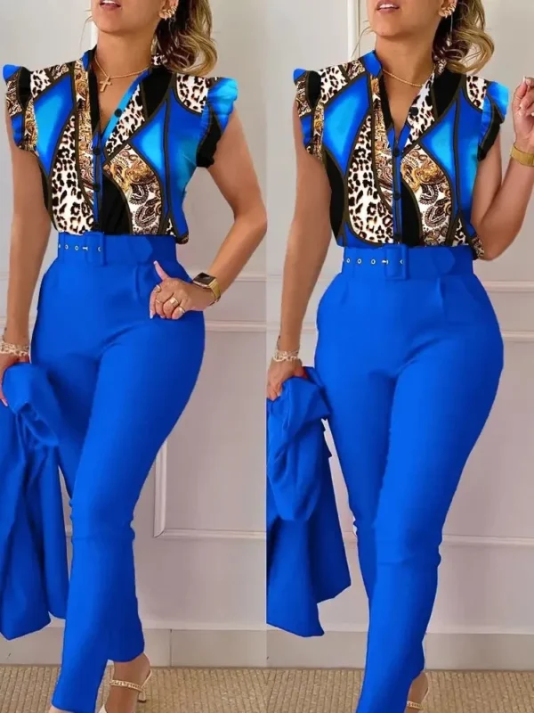 Womens Elegant Slim Two-Piece Sets Summer Fashion Print V Neck Button Flying Sleeve Shirt Top & Solid Long Pants Suits With Belt - Image 4