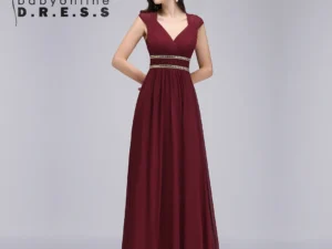 BABYONLINE Double V Neck Floor Length Sparkly Evening Dresses for Party