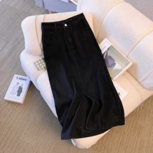 Women Washed Long Denim Skirt Vintage Fashion High Waist Skirt Streetwear Korean All-Match Straight Female A-Line Jeans Skirt - Image 7