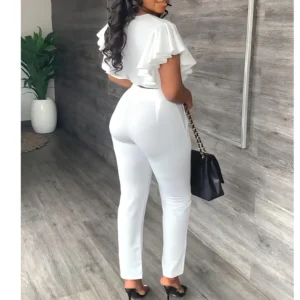 Pant Sets Women Two Piece Sweet Sets Ruffles Short Sleeve V Neck Crop Top High Waist Slim Long Pants Suits Casual Solid Outfits - Image 3