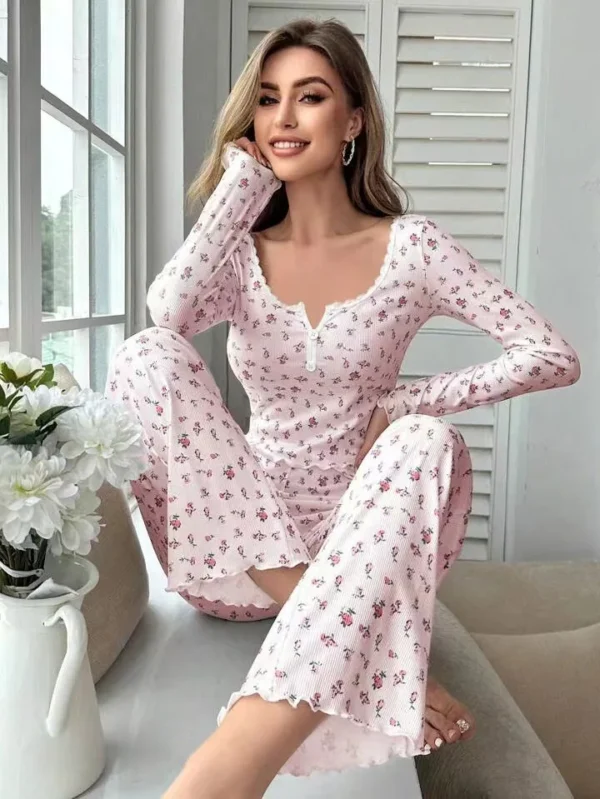 Sleepwear Women Floral Print Lettuce Trim Top with Long Pant Lovely Loungewear Full Sleeve Nightwear Spring Autumn Pajamas Set - Image 7