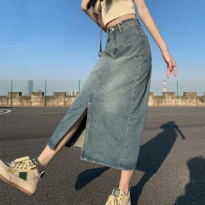Summer New High-waist Slit Denim Skirt For Women Washed Retro A- line Skirt Hip-covering Straight Long Skirt - Image 4