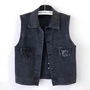 2024 Fashion Design Sequins Denim Vest Summer Autumn Women's Waistcoat Korean Leeveless Denim Jeans Jacket Female Vest Tops - Image 4