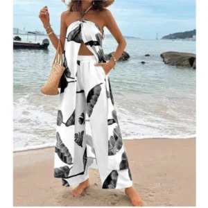 Fashion Women Two Pieces Sets New Summer Printed Slit Sexy Long Halter Neck Tops+straight Pants Casual Suit Female Chic Clothing - Image 3