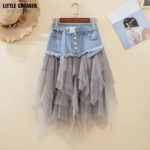 Asymmetrical Denim Jeans Tulle Skirts Womens High Waist Long Mesh Tutu Tassel Pleated Midi Gothic Skirt with Pockets Belt Black - Image 5
