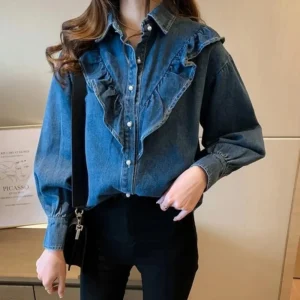 Korean Female Long Sleeved Denim Shirt Coat Spring Autumn Women Leisure Loose Fitting Jeans Coat Ladies Fashion Cowboy Blouse