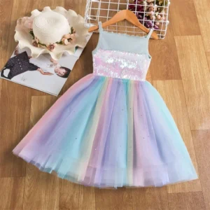 Baby Girls Unicorn Rainbow Brithday Sequin Tutu Dress Little Girls Princess Party Clothes Children Summer Casual Suspender Dress - Image 6