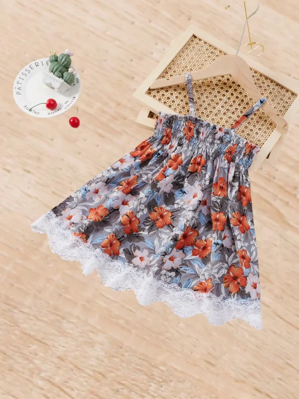 Girls summer floral print dress, lace decoration, cool suspender design - Image 3