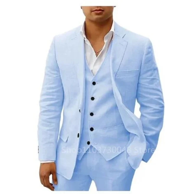 3 Piece Men's Linen Suit Beach Wedding Suit Summer Slim Fit Notch Lapel Jacket Groomsmen For Wedding/Psrty(Blazer+Vest+Pants) - Image 5